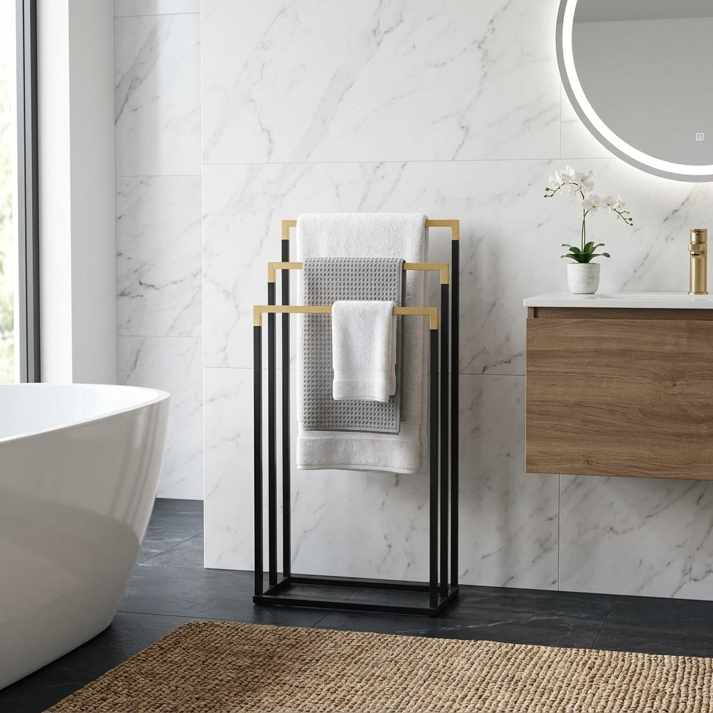 Bathroom Solutions Handdoekrek 45x23x85 cm Metaal/Bamboe/Zwart