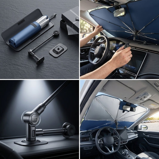 Car Sunshade Windshield Umbrella with 360°Rotation Bendable Handle