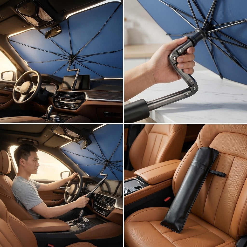 Car Sunshade Windshield Umbrella with 360°Rotation Bendable Handle